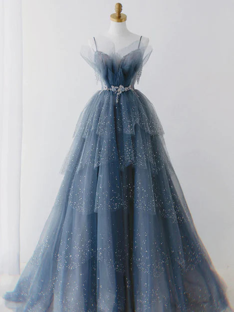 Luolandi A Line Blue Sparkle Beadedd Tulle Floor Length Party Dress Junior Prom Dress Charming Evening Dress
